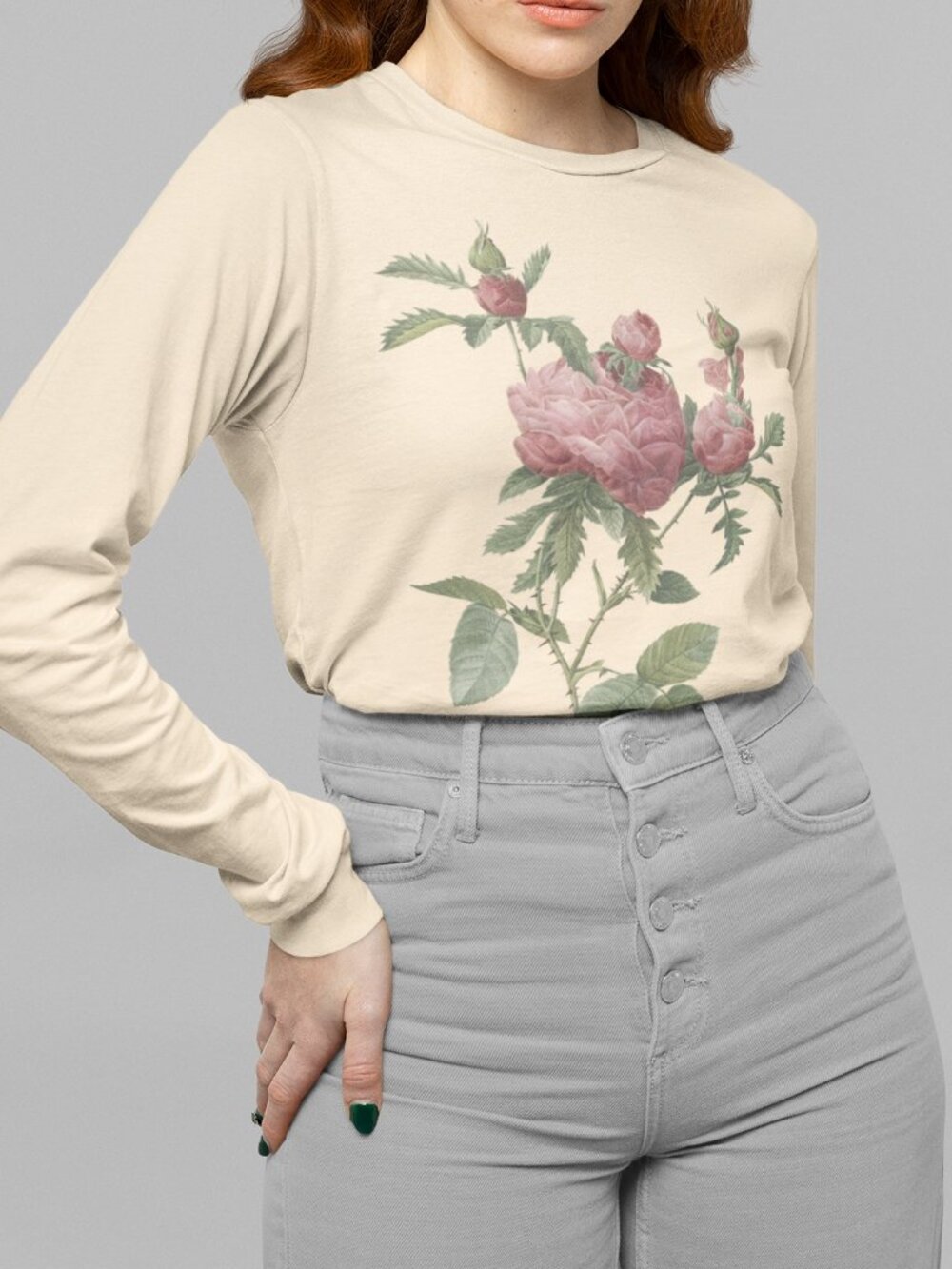Rose Vintage Floral Print Long Sleeve Graphic Tee T-shirt S-XXL